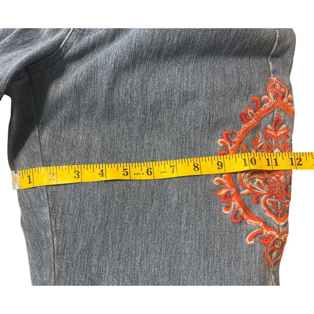 Belle Kim Gravel Medium Wash Denim Crop Jeans Orange Embroidery Size 16 - Picture 16 of 16